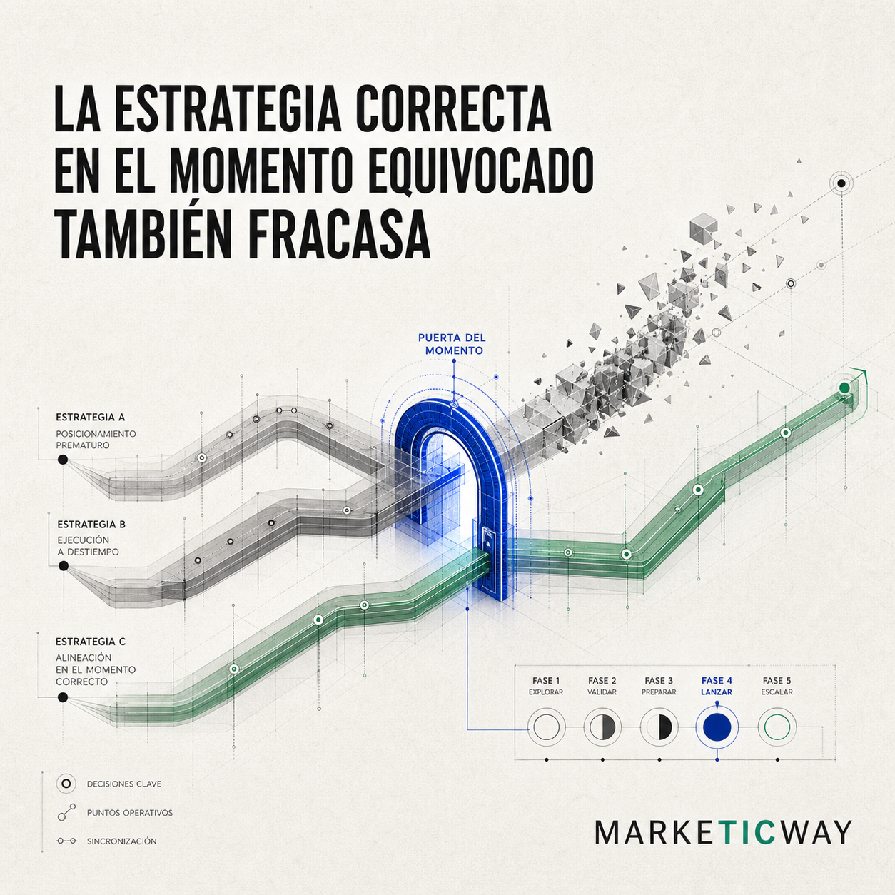 Ilustración editorial sobre el momento empresarial: tres estrategias atraviesan una puerta azul; las rutas grises se rompen por llegar antes o después de tiempo y la ruta verde avanza cuando el momento es correcto, bajo el titular La estrategia correcta en el momento equivocado también fracasa.