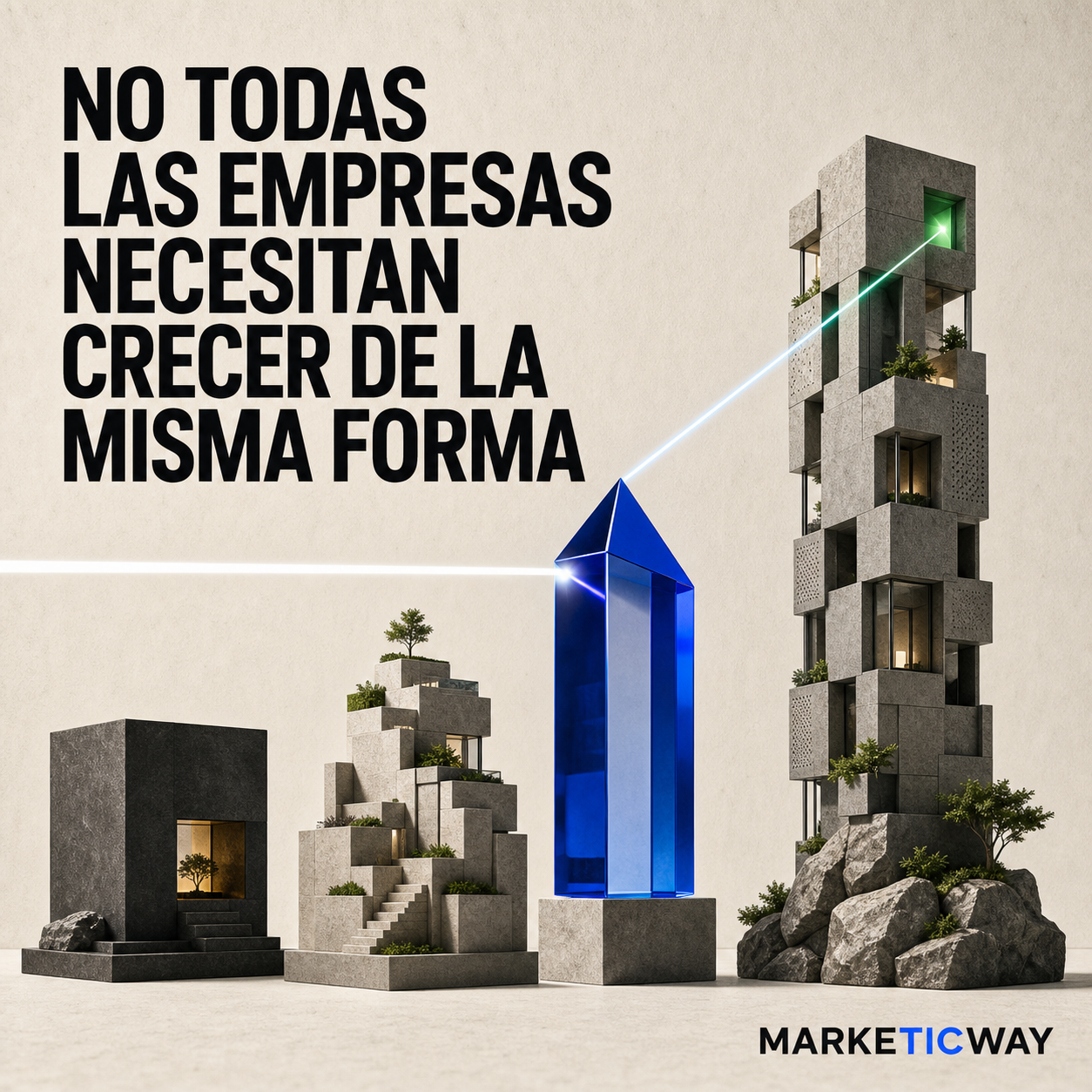 Tres arquitecturas de crecimiento distintas —consolidación, repetibilidad y escalabilidad— alrededor de un prisma azul que proyecta luz hacia una apertura verde.